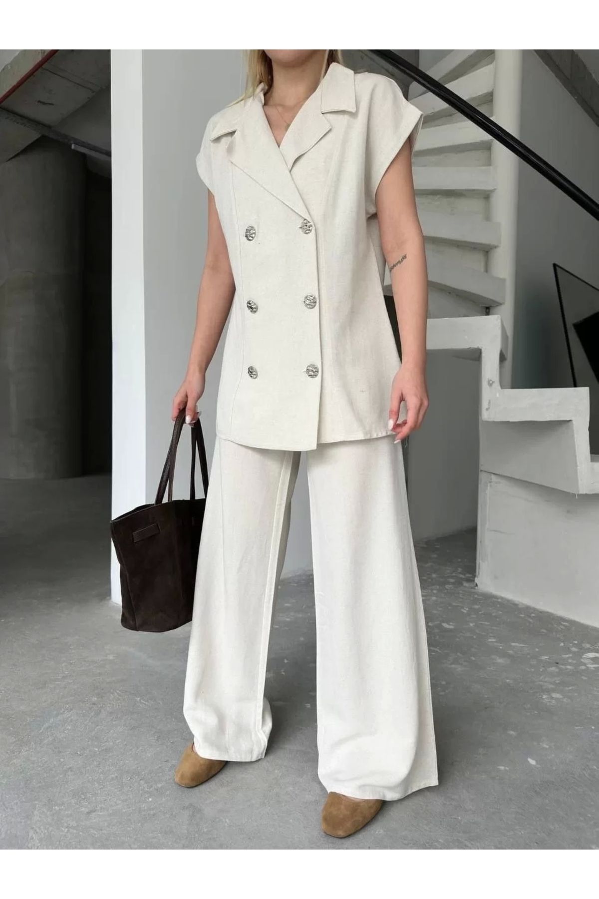 MODA CS Keten Sıfır Kol Blezer Ceket Pantolon ikili Takım- Beyaz