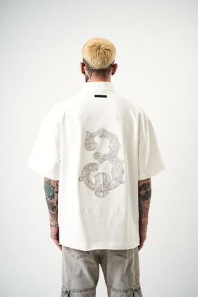 Respire Erkek 3 Nakışlı Yarım Fermuarlı Oversize T-Shirt Ekru