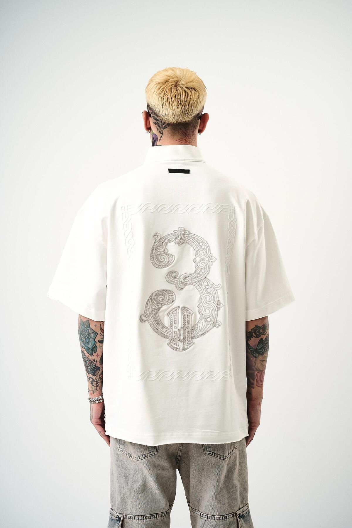 Respire Erkek 3 Nakışlı Yarım Fermuarlı Oversize T-Shirt Ekru