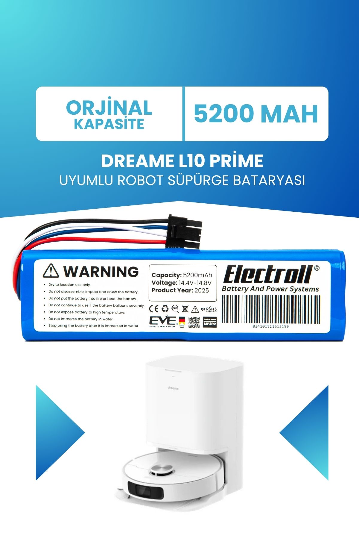 ELECTROLL Dreame L10 Prime Uyumlu Batarya (STANDART KAPASİTE) 5200mah Robot Süpürge Bataryası