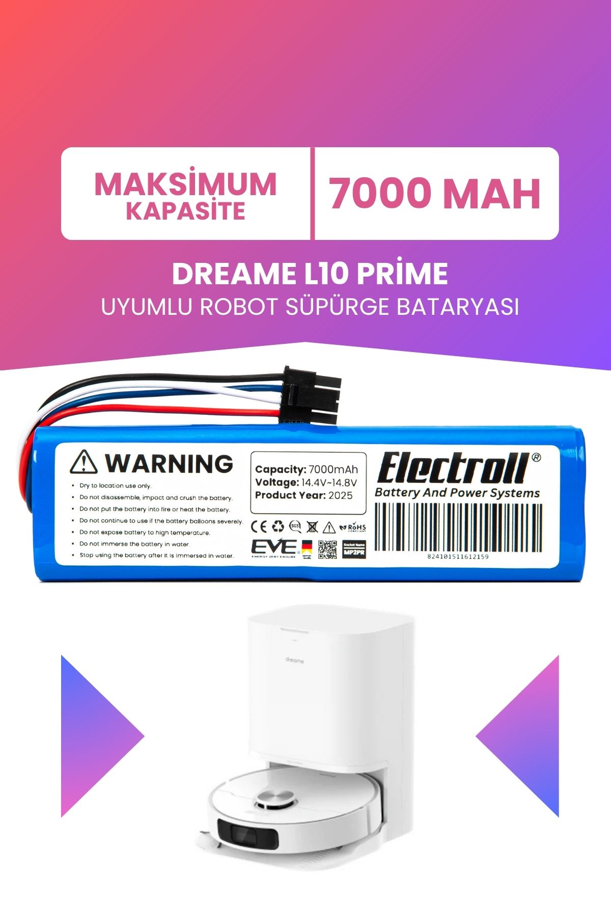 ELECTROLL Dreame L10 Prime Uyumlu Batarya (MAKSİMUM KAPASİTE) 7000mah Robot Süpürge Bataryası