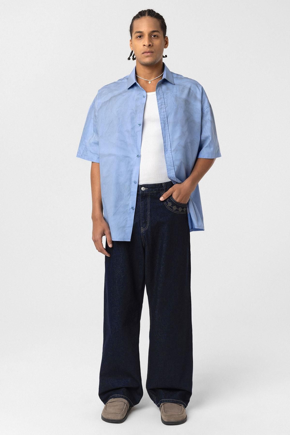 VAMOSCLO Oversize Yıkamalı Poplin Gömlek Mavi