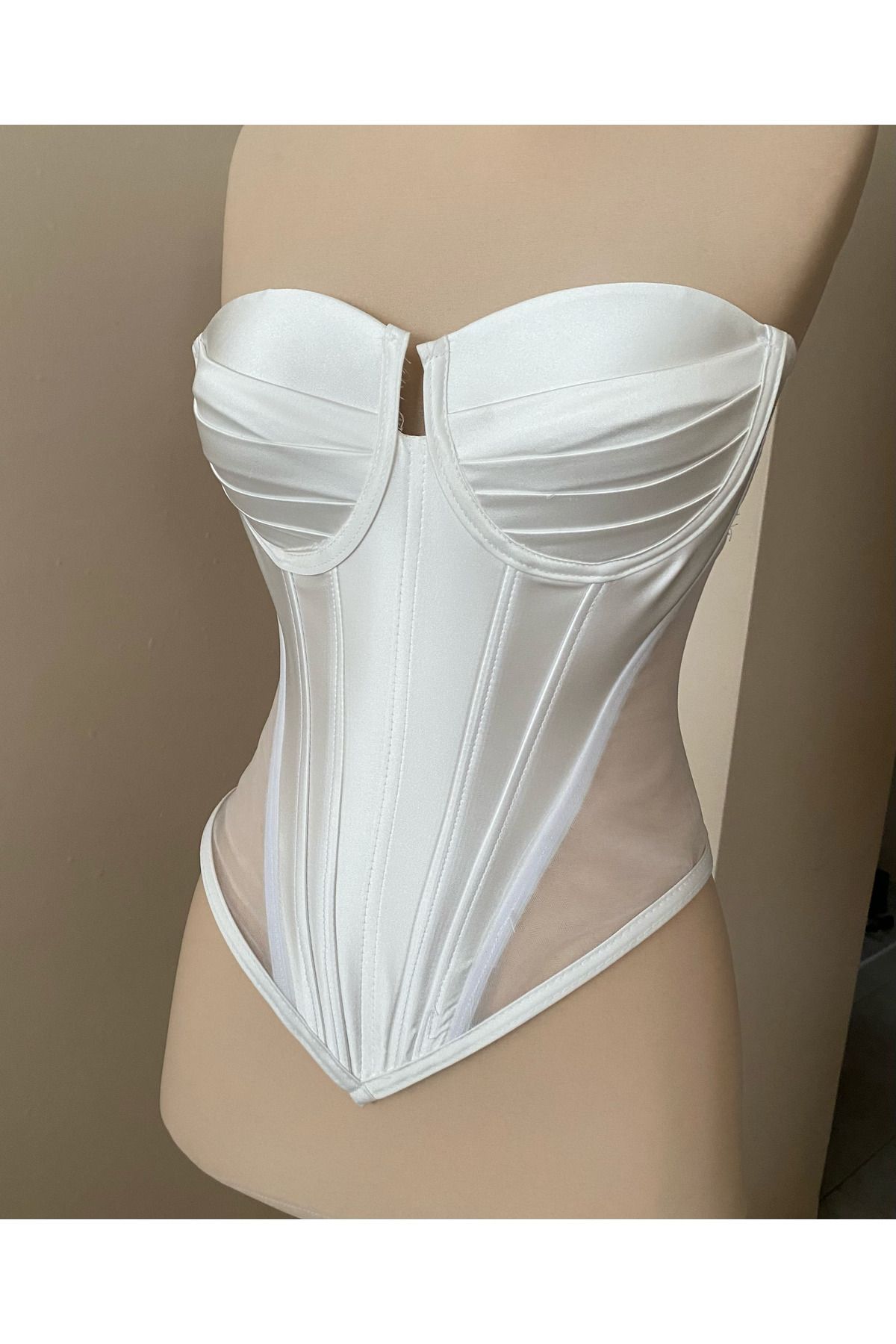 MODA Ekru Uzun Transparan Tüllü Balenli Korse Büstiyer – Gelinlik Elbise İçin Hazır Beden