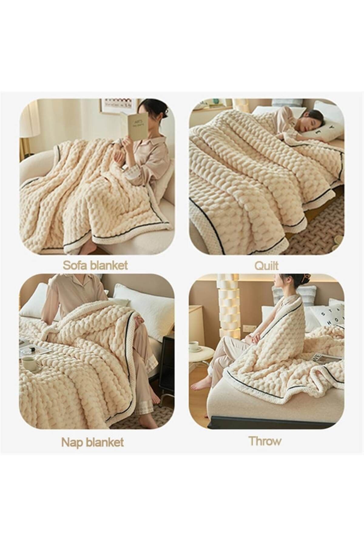 Manolex-Multifunctional fluffy blanket made of double flannel, soft, reinforced edges, 180x200 cm, Beige col 3