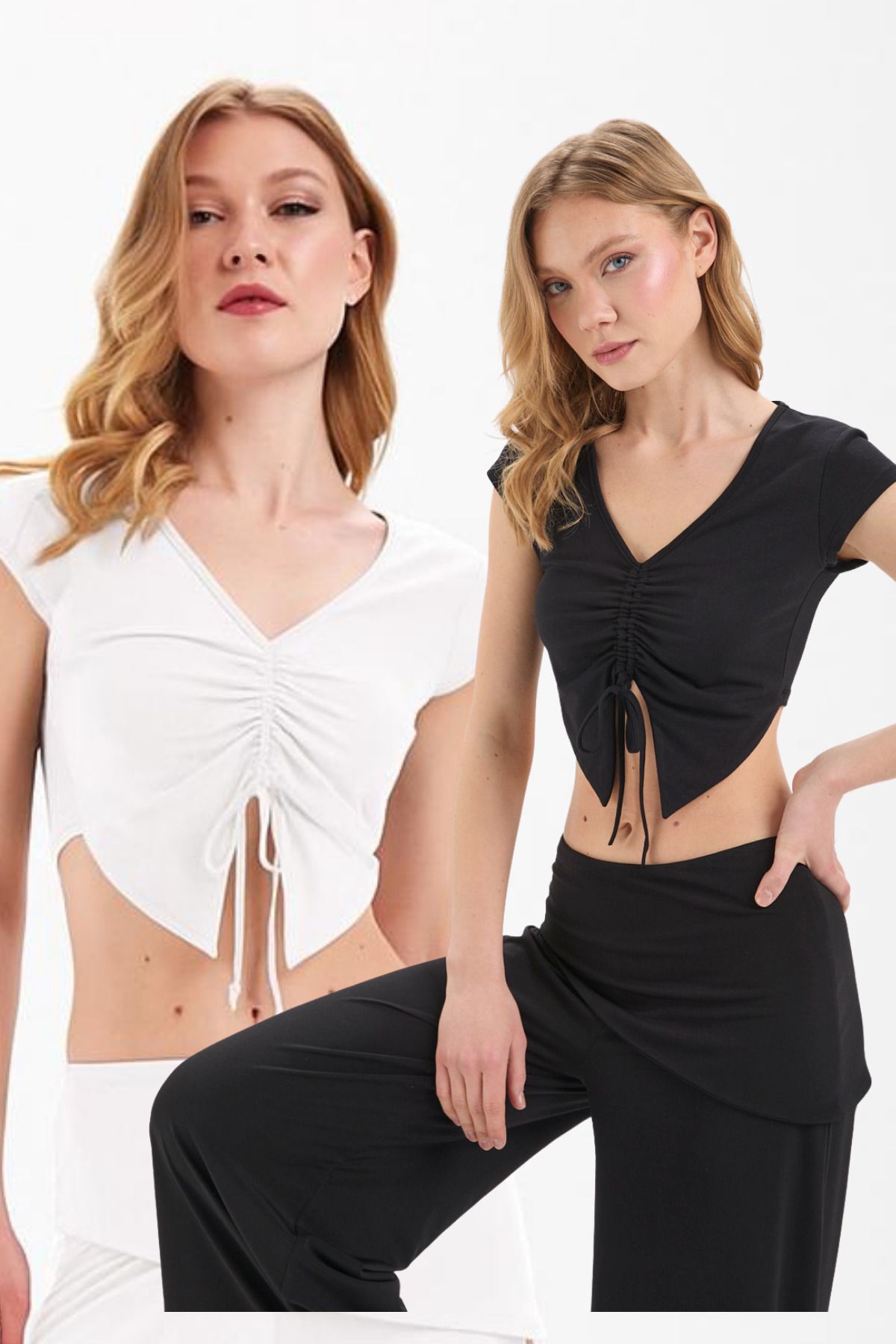By Yaren Yazıcı Siyah Beyaz İki'li Set Kelebek Görünümlü Asimetrik Kesim Büzgü Detaylı Bluz Crop Top
