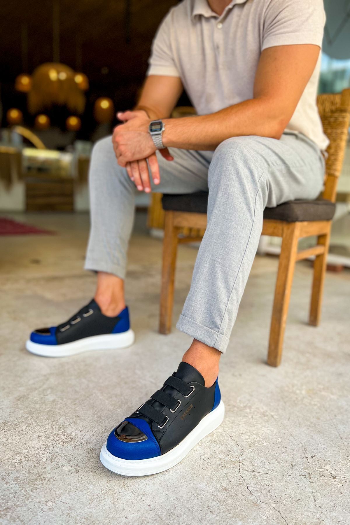devrialemshoes CH251 GBT Mirror Furry Erkek Ayakkabı SIYAH/SAX MAVI