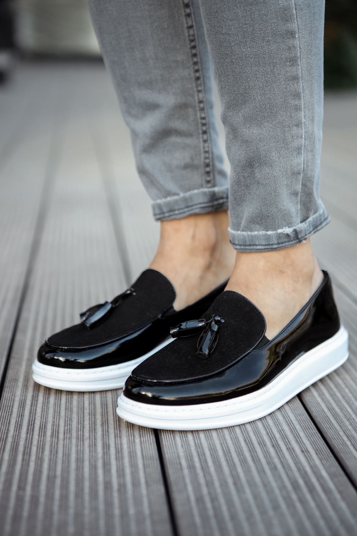 devrialemshoes CH002 RBT Loafer Verniciata Erkek Ayakkabı SIYAH