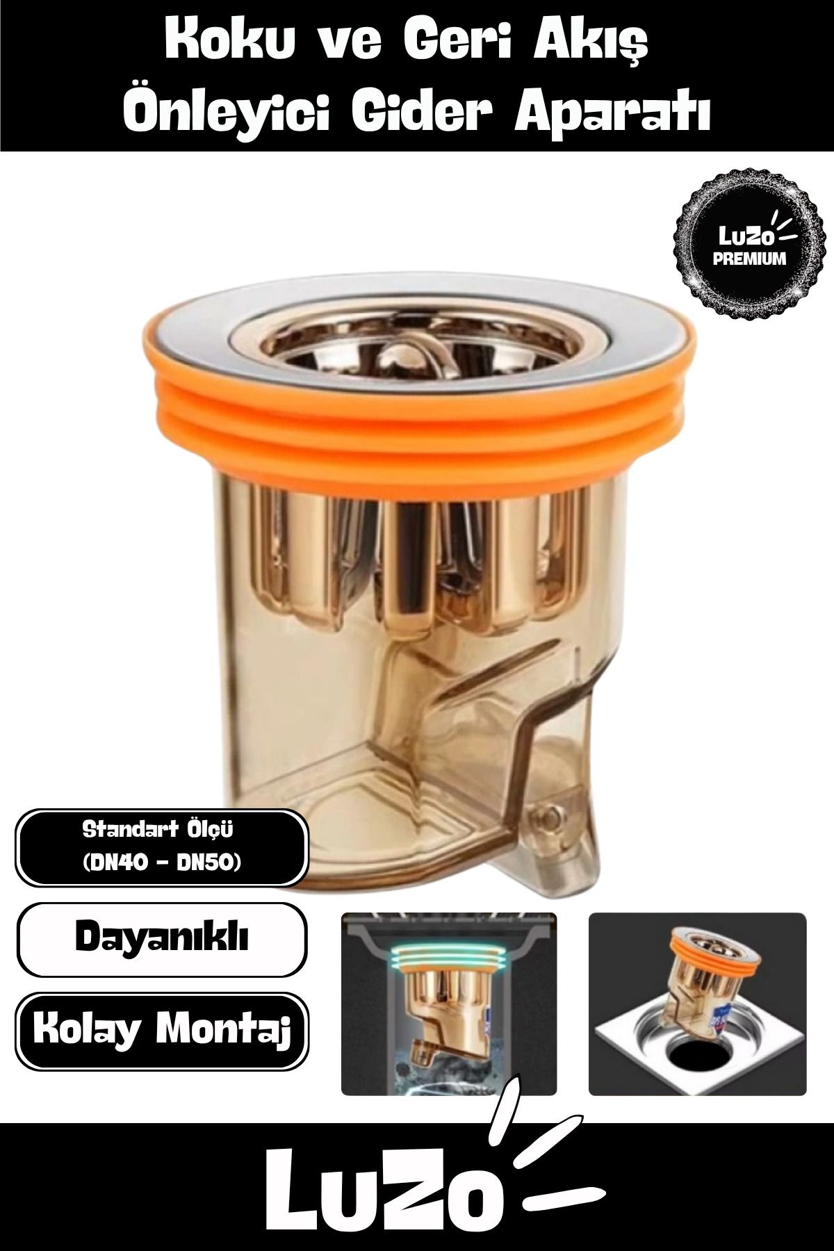 LuZo Premium Seri Standart DN40-DN50 Borularıyla Uyumlu Banyo Geri Akış Koku Önleyici Gider Aparatı