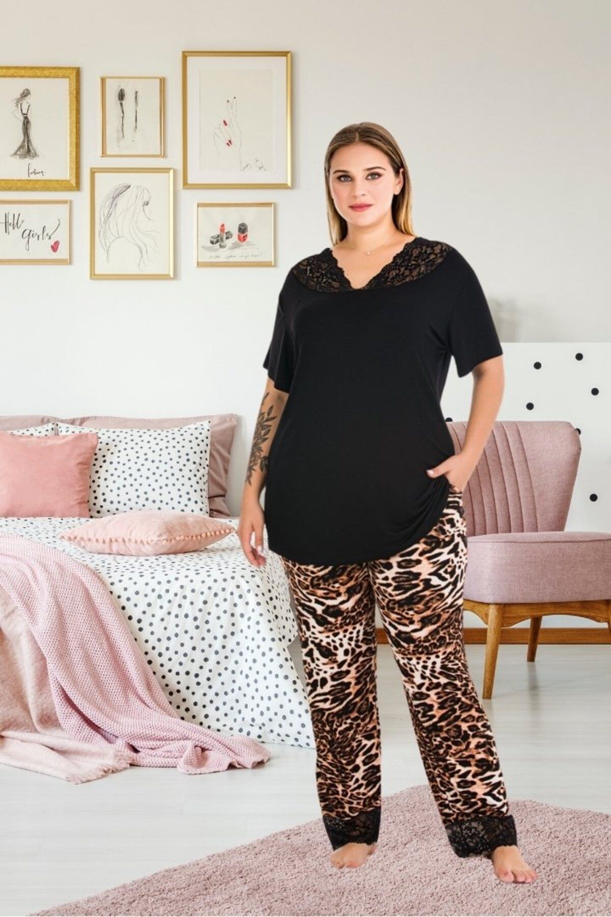 Truva XXL Büyük Beden Leopar Desenli Dantelli Pijama Takımı – Şıklık ve Rahatlık Bir Arada