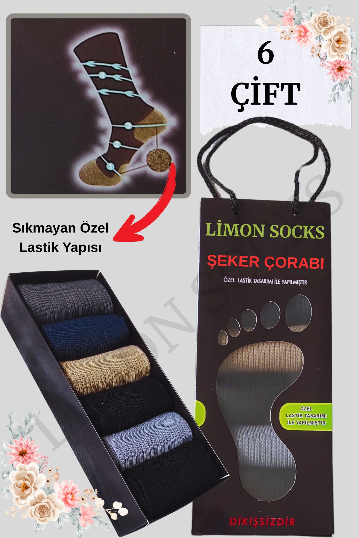 Limon Socks Erkek Kadın Şeker Çorabı Uzun Çorap (6 Adet) Dikişsiz Bambu (Hediye Kutulu)
