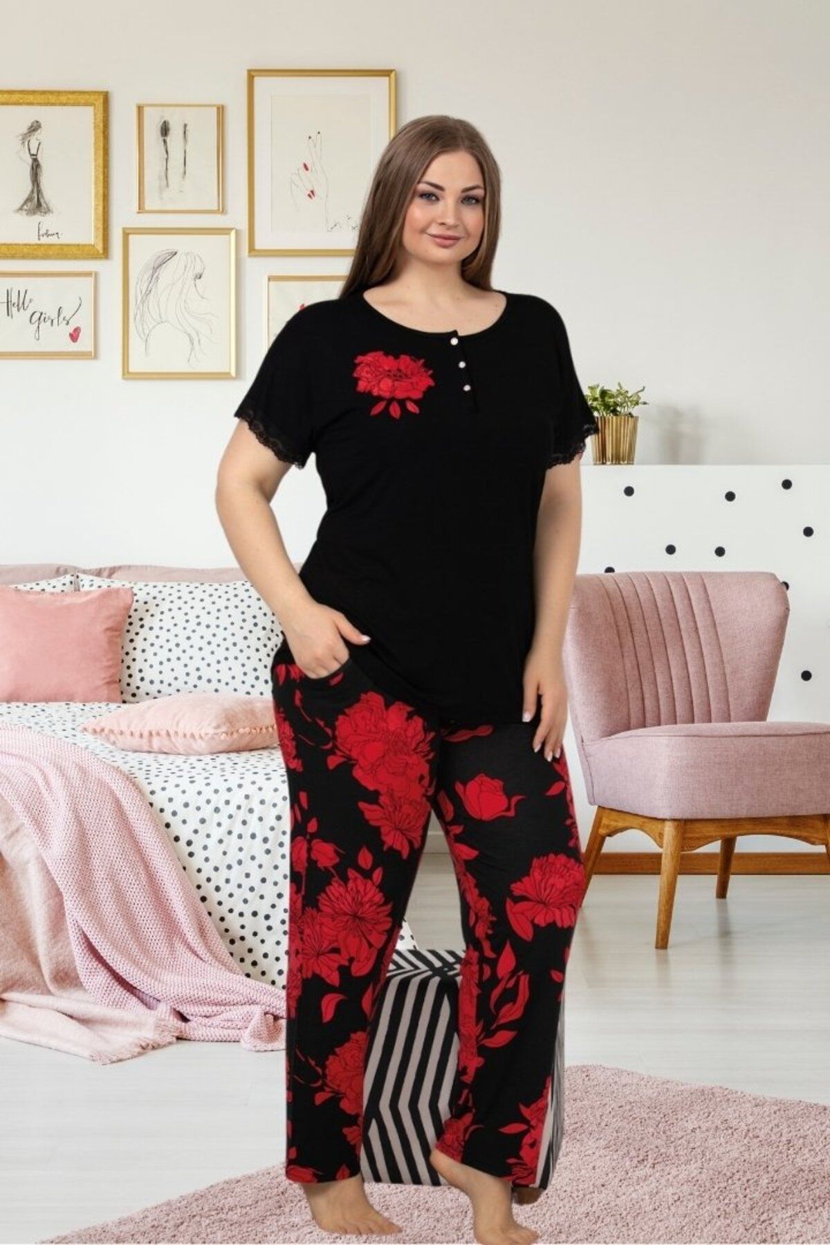 Truva XXL Büyük Beden Siyah Çiçek Desenli Likralı Viskon Penye Pijama Takımı