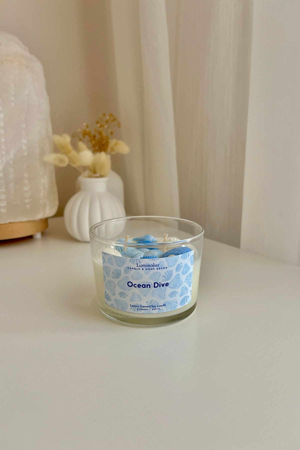 Luminolier El Yapımı Okyanus Kokulu Deniz Kabuğu Desenli %100 Doğal Vegan Soya Wax Mum