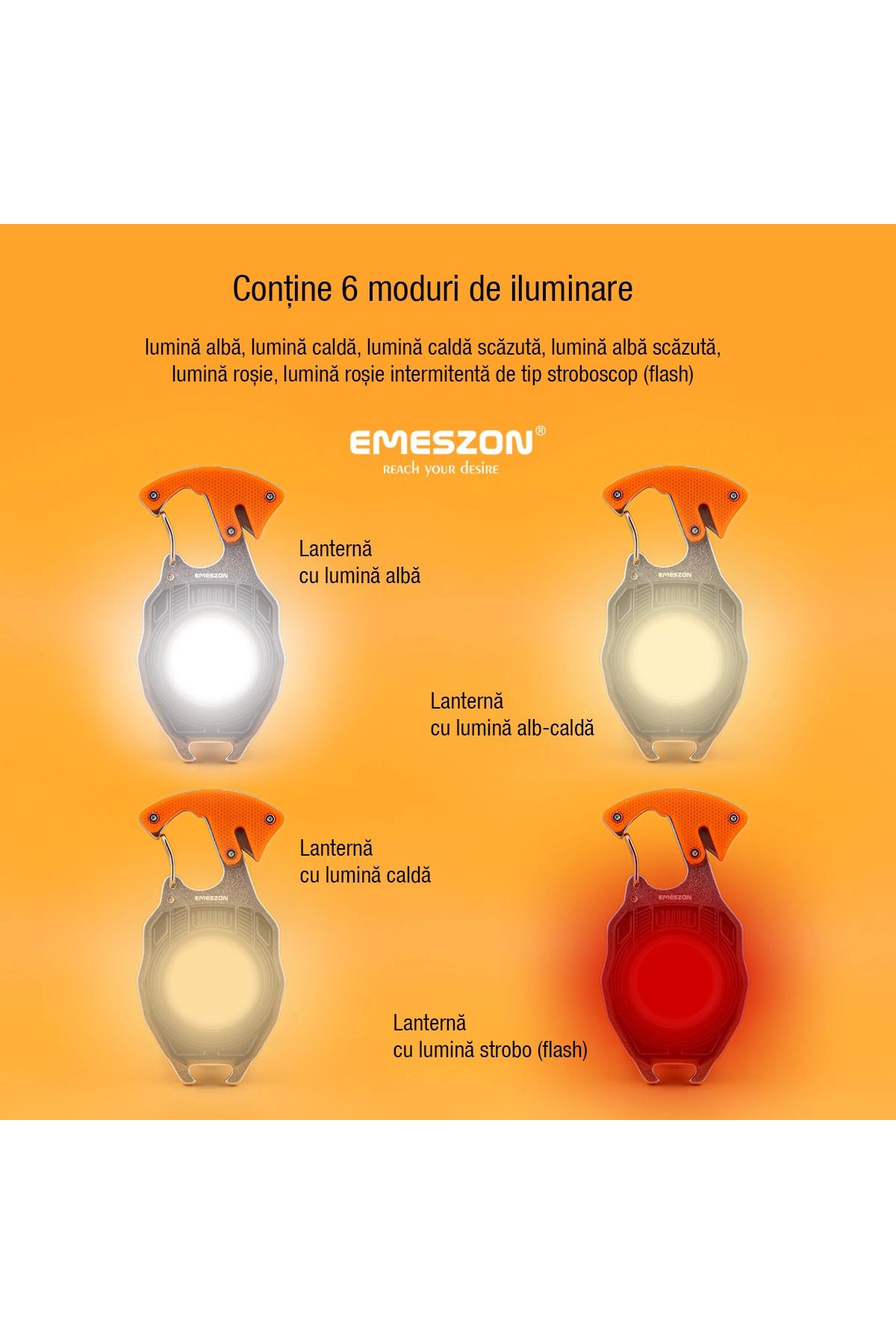 EMESZON-Lanternă COB LED 40W, tip gadget EMESZON® CRW5147, 6 moduri de iluminare, kit de supraviețuire tip breloc, portocaliu 10
