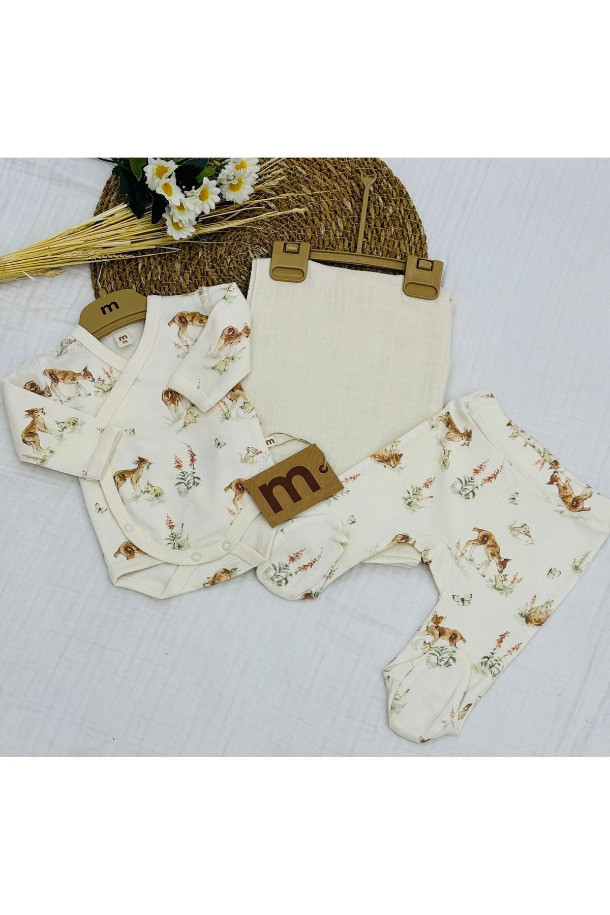 Minisse Baskılı Çıtçıtlı Badi, Alt ve Müslin Battaniyeli Yenidoğan Bebek 3lü Set