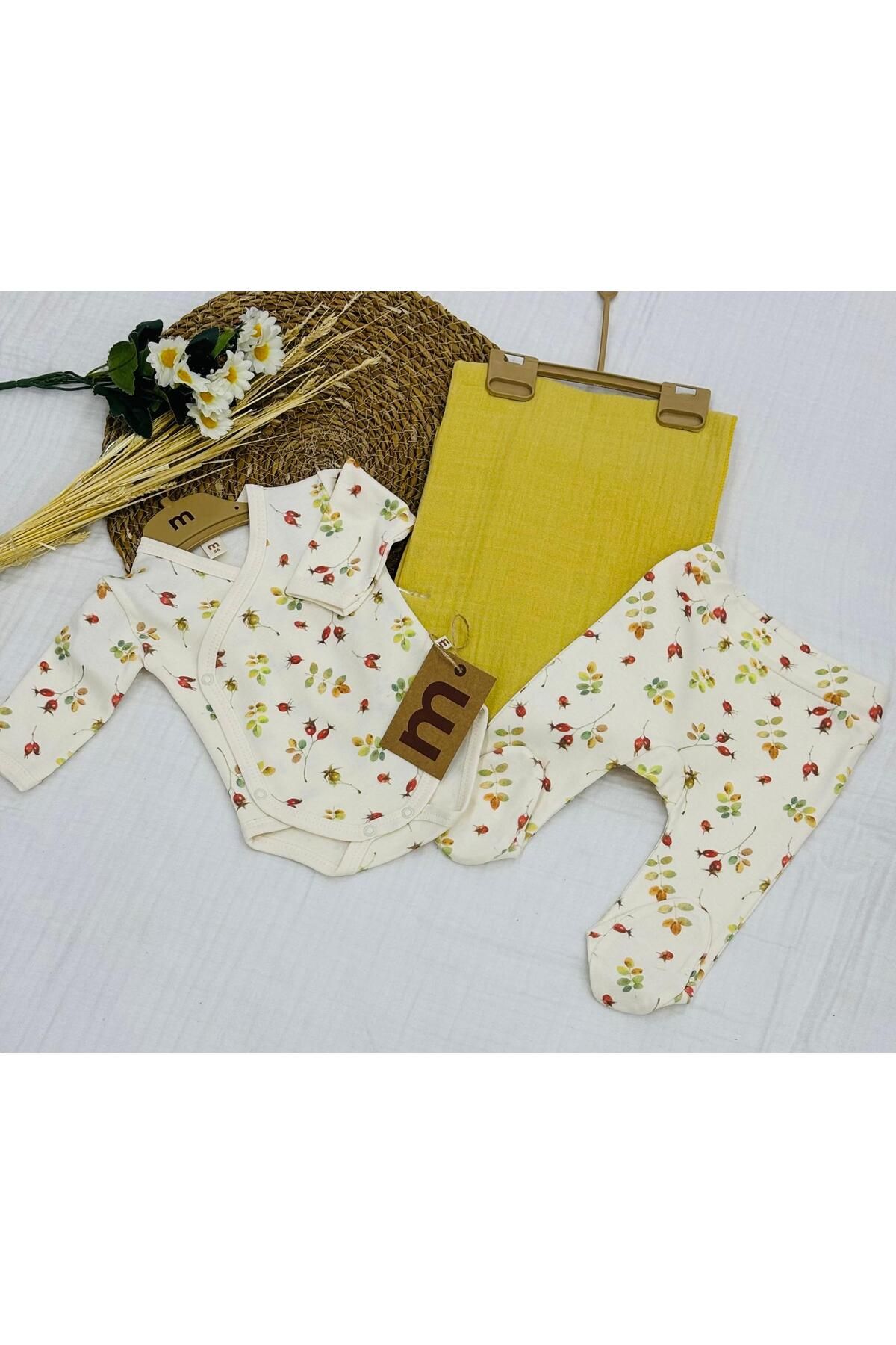 Minisse Baskılı Çıtçıtlı Badi, Alt ve Müslin Battaniyeli Yenidoğan Bebek 3lü Set
