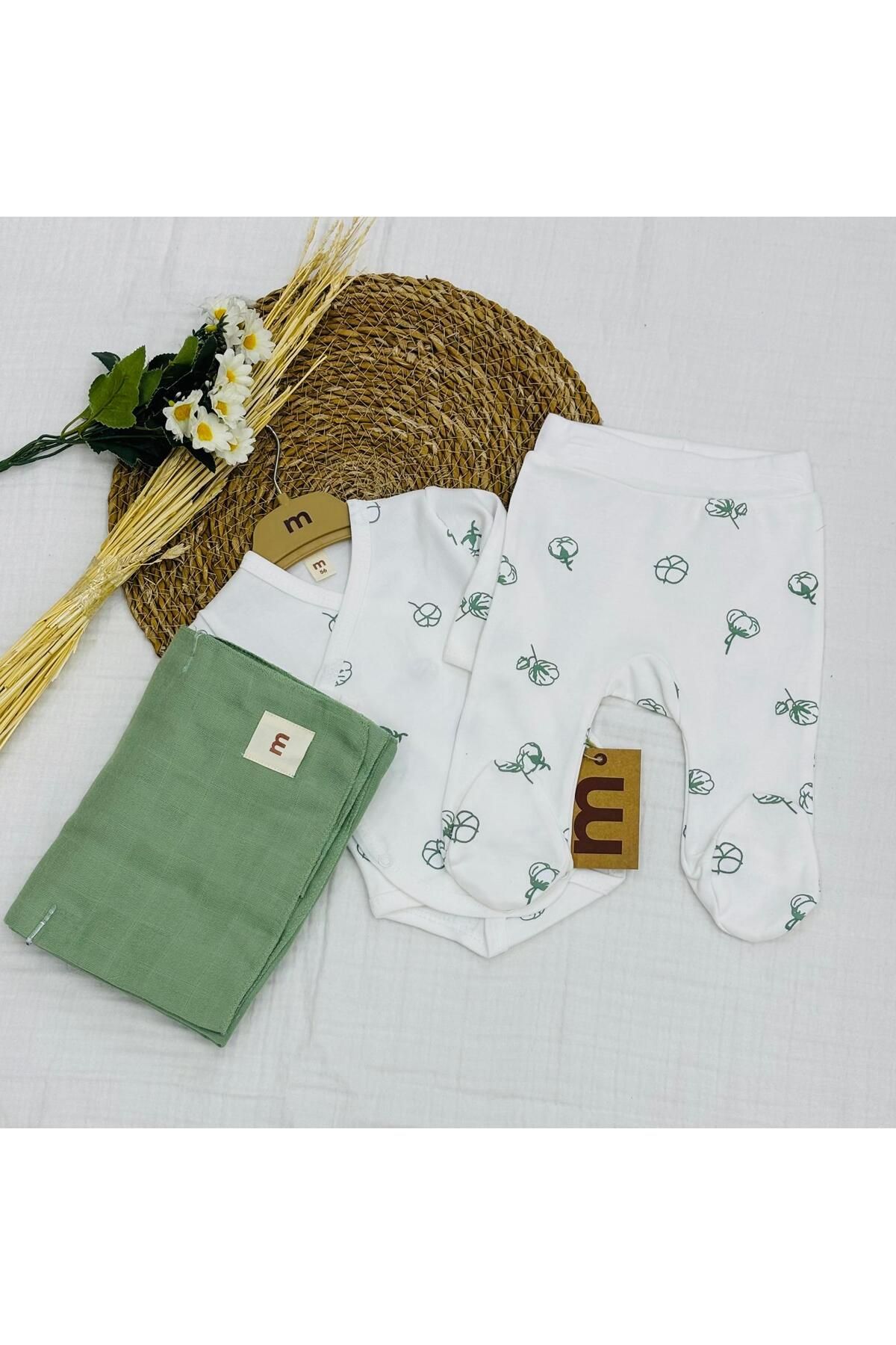 Minisse Baskılı Çıtçıtlı Badi, Alt ve Müslin Battaniyeli Yenidoğan Bebek 3lü Set