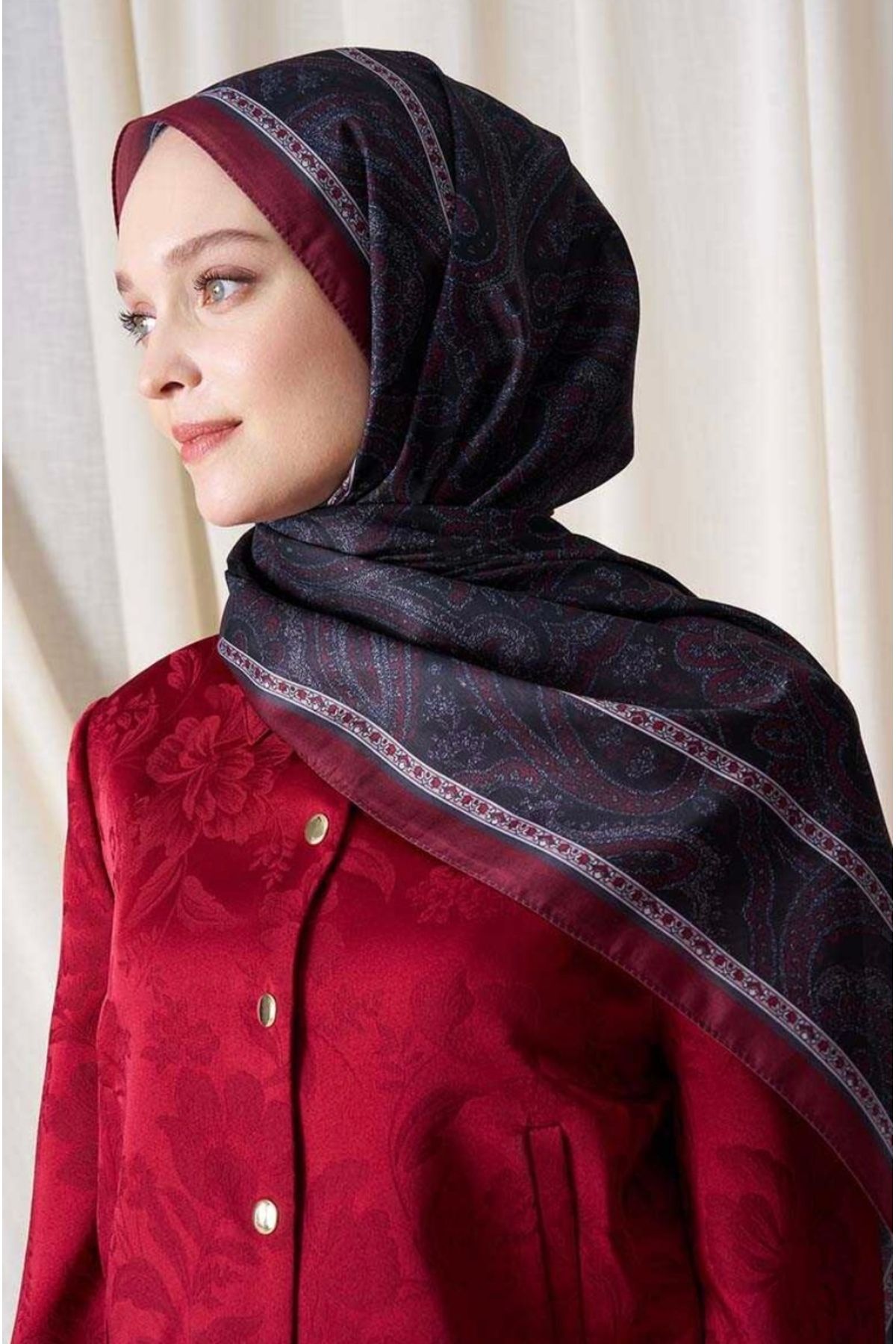 Modakaşmir Etnik desen bordo siyah pamuk şal