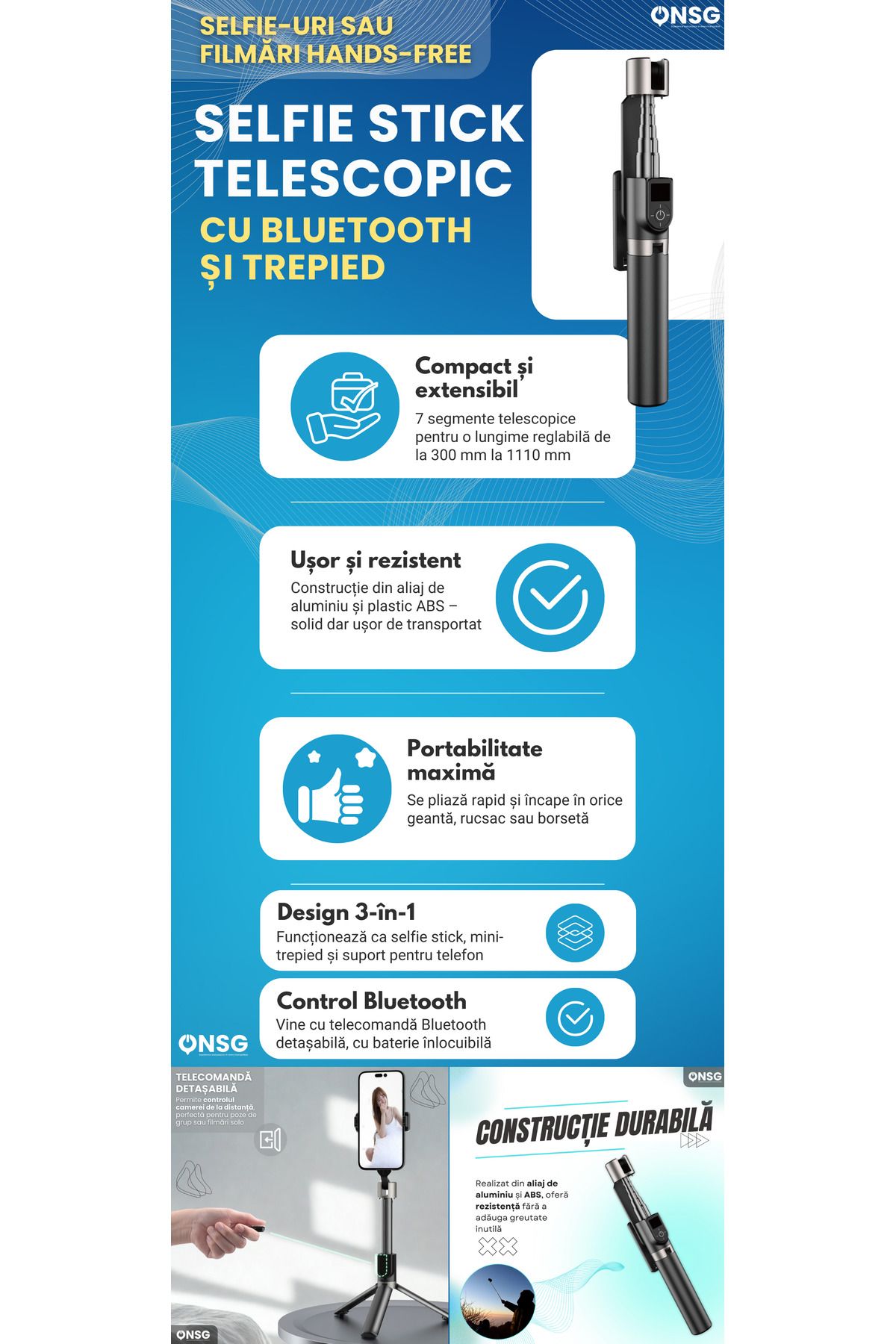DUDAO-Stick selfie F18w telescopic, Bluetooth, trepied, compact și extensibil, 7 segmente, aluminiu, negru 7