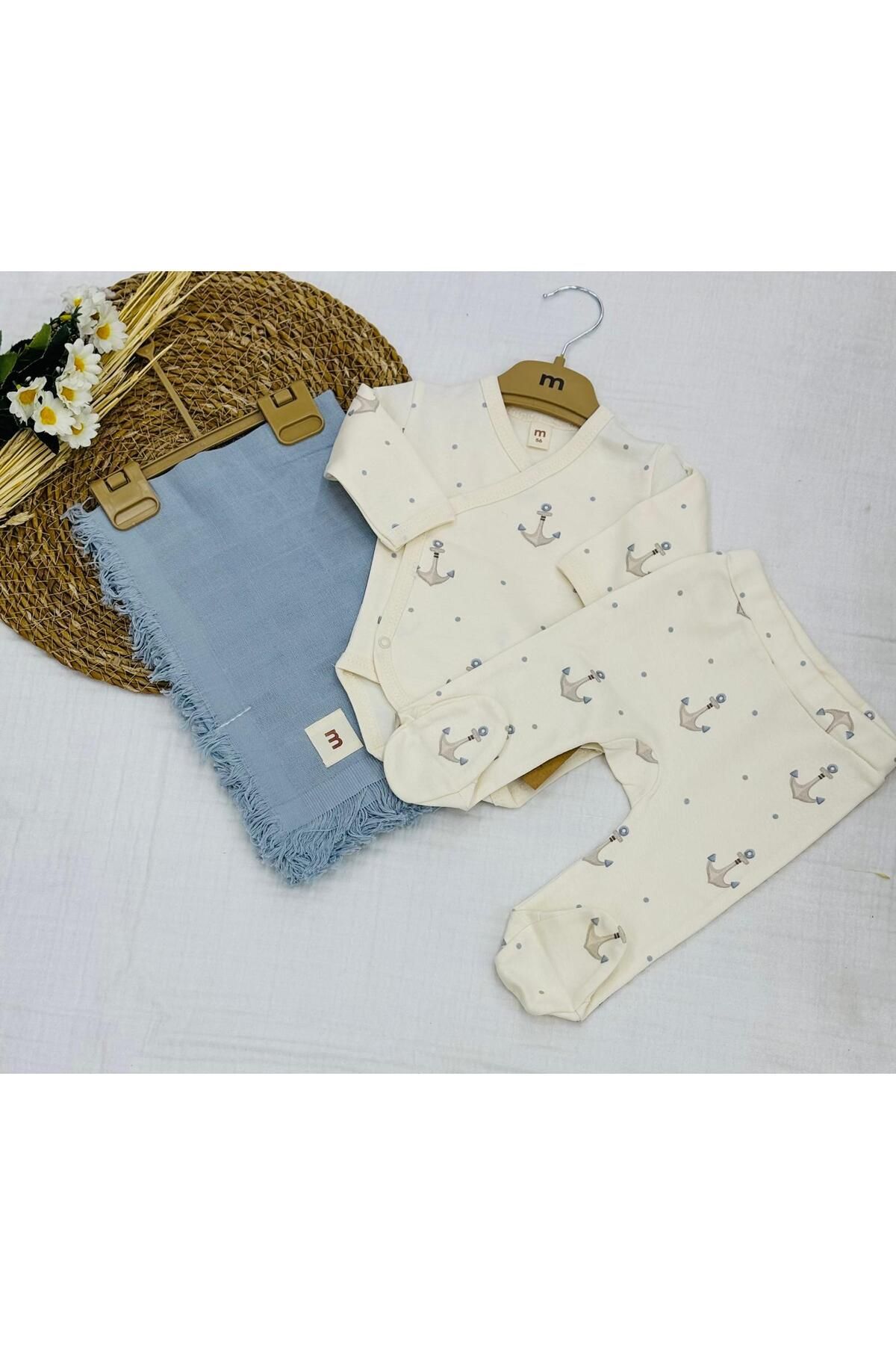 Minisse Baskılı Çıtçıtlı Badi, Alt ve Müslin Battaniyeli Yenidoğan Bebek 3lü Set