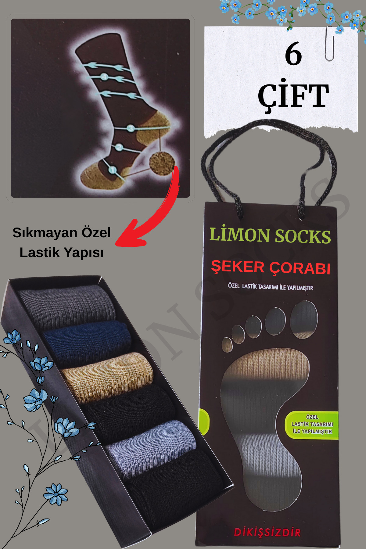 Erkek Kadın Şeker Çorabı Uzun Çorap (6 Adet) Dikişsiz Bambu (Hediye Kutulu) — görsel 6