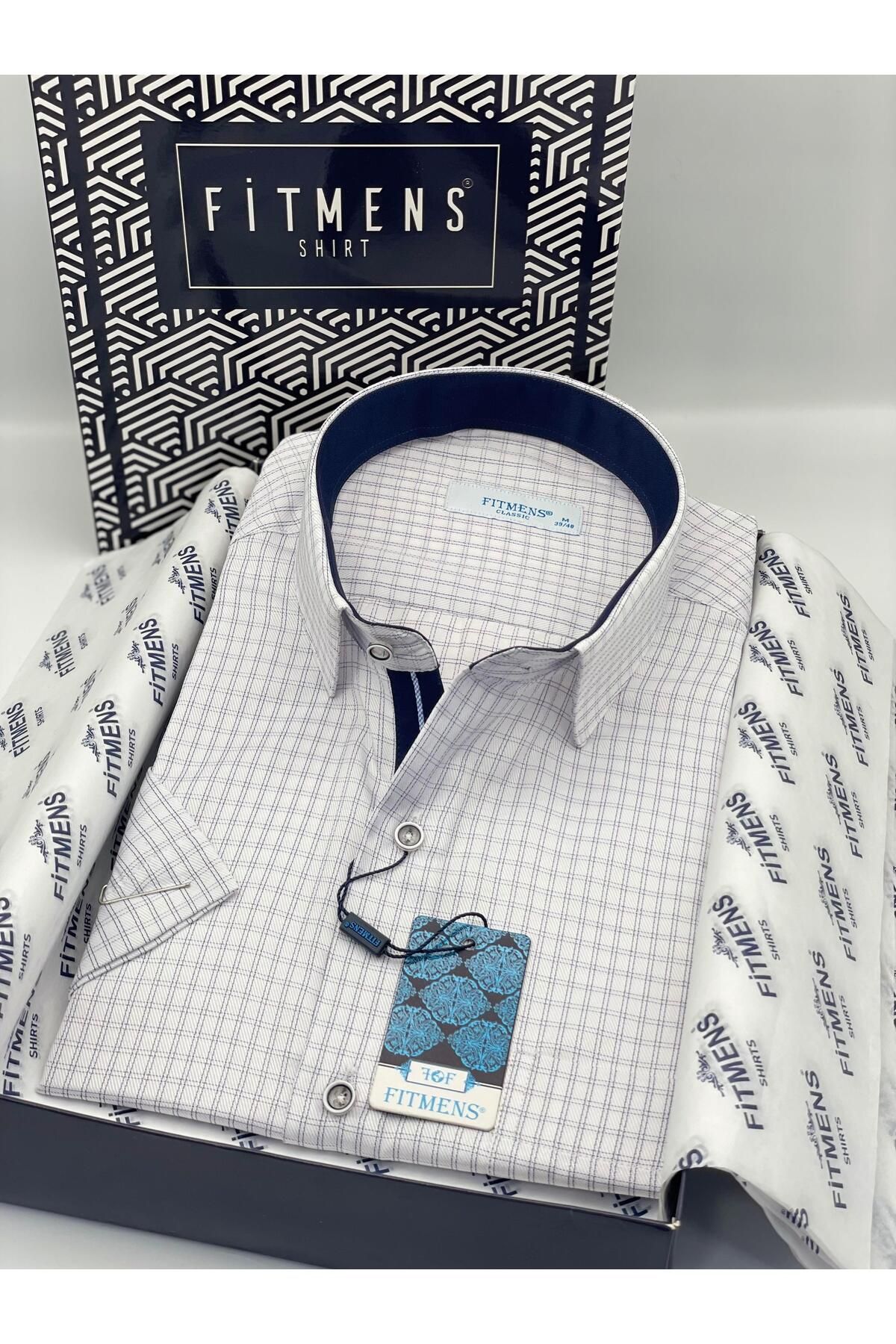 Fitmens Klasik Kısa Kol Kareli Hediye Kutulu Erkek Gömlek FS-004157 - Beyaz