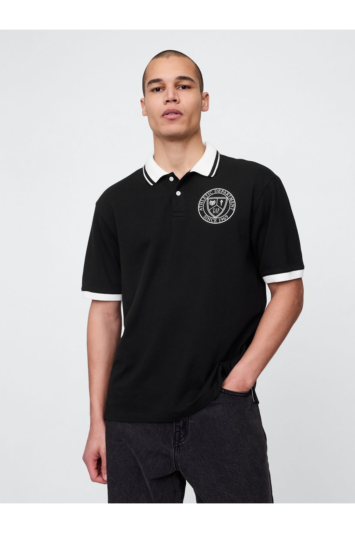 GAP Erkek Siyah Athletic Gap Logo Pique Polo T-Shirt