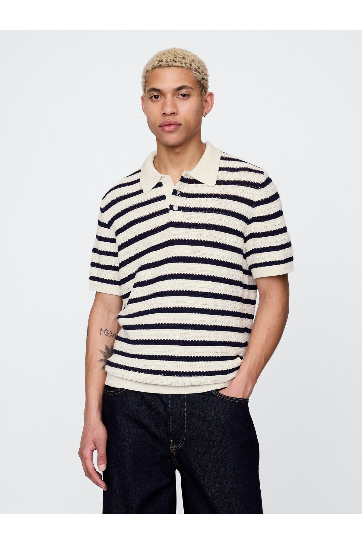 GAP Erkek Kırık Beyaz Örgü Polo T-Shirt
