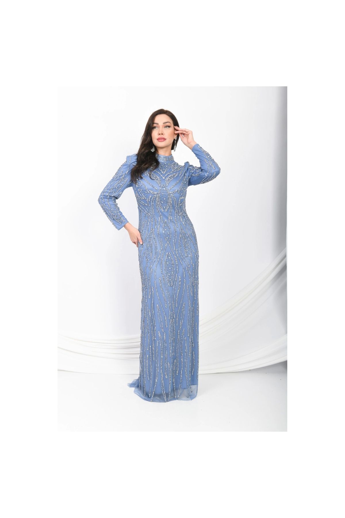Moda Sezaver Tesettür Abiye | Nikah Elbisesi | Seraphina Tül Abiye - Mavi