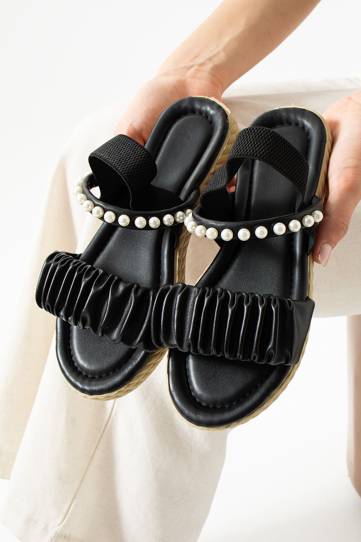 star shoes İnci Taşlı Büzgülü Kadın Sandalet