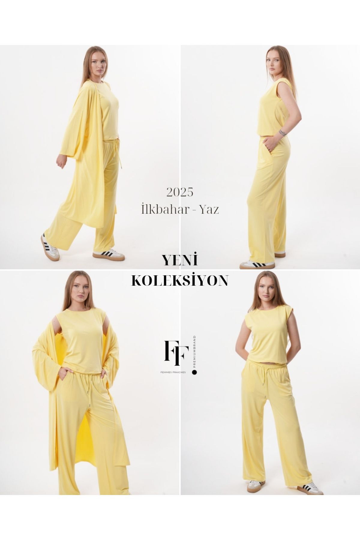 femmes fraiches Femmes Luna Sarı Set ( Jogger Pantolon + Sıfır Kol T-shirt + Midi Kimono )
