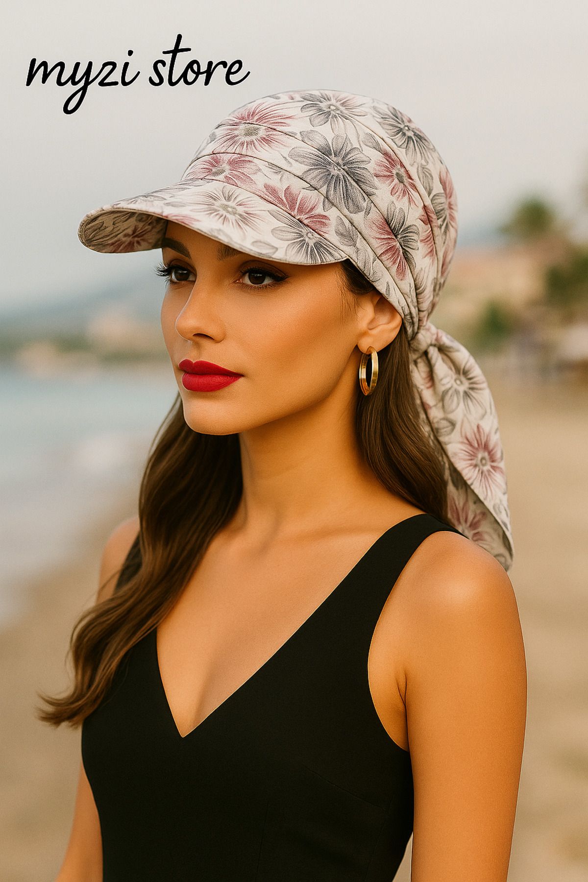 MYZİ STORE Kadın Yazlık %100 Pamuk Desenli Safari Bağlamalı Siperli Bandana Vizör Güneş Koruyucu ve Şık Tasarım