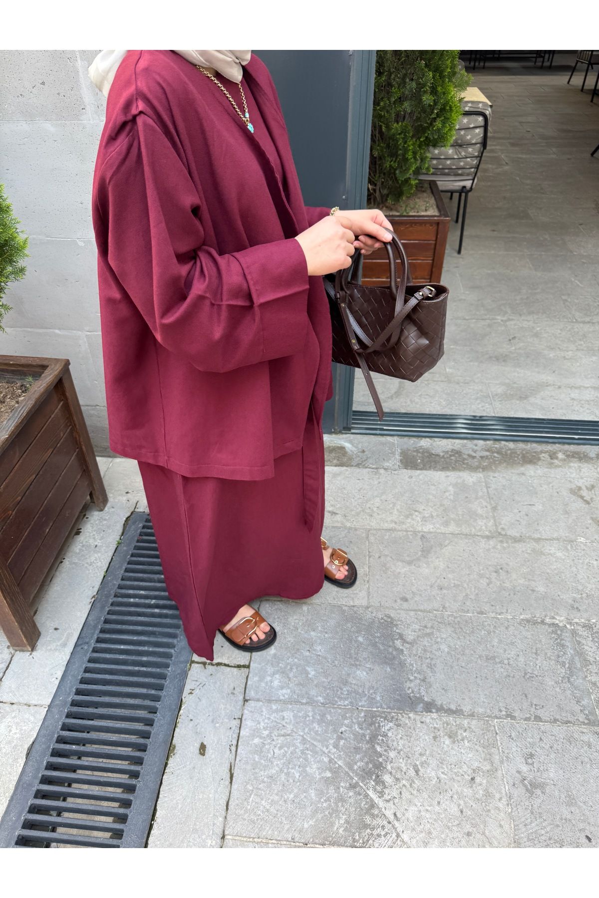 sensa collection Keten İç Elbiseli Takım Bordo Keten Kumaş İkili Takım