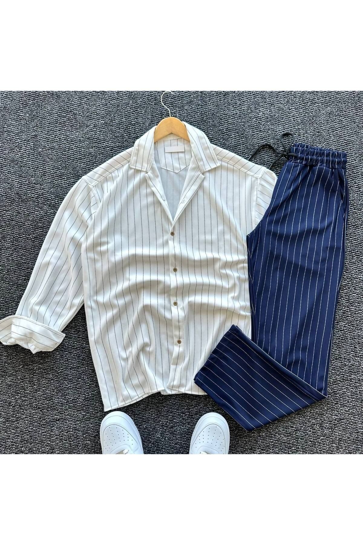 Fifty Color Alaçatı Stili Krep Kumaş Çizgi Detaylı Unisex Gömlek ve Pantolon Takım