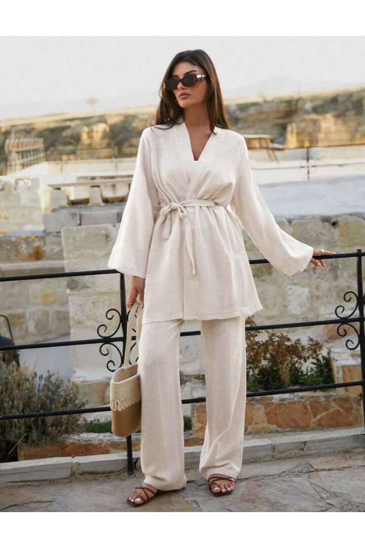 moda paketi Keten Kimono Pantolonlu 2'li Takım