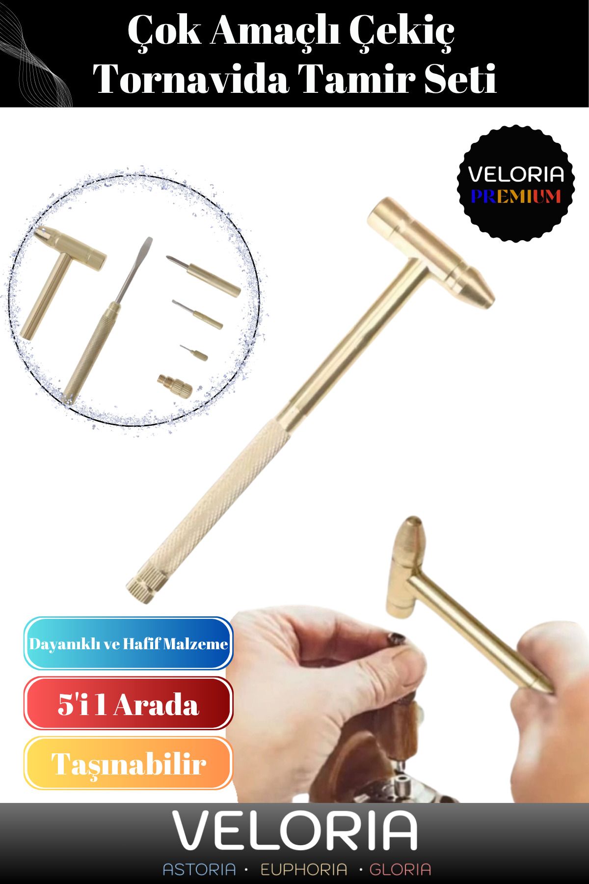 Veloria Premium Seri Çok Amaçlı Ergonomik Kullanışlı Pratik Ev İş Araba 5 in 1 Çekiç Tornavida Tamir Seti