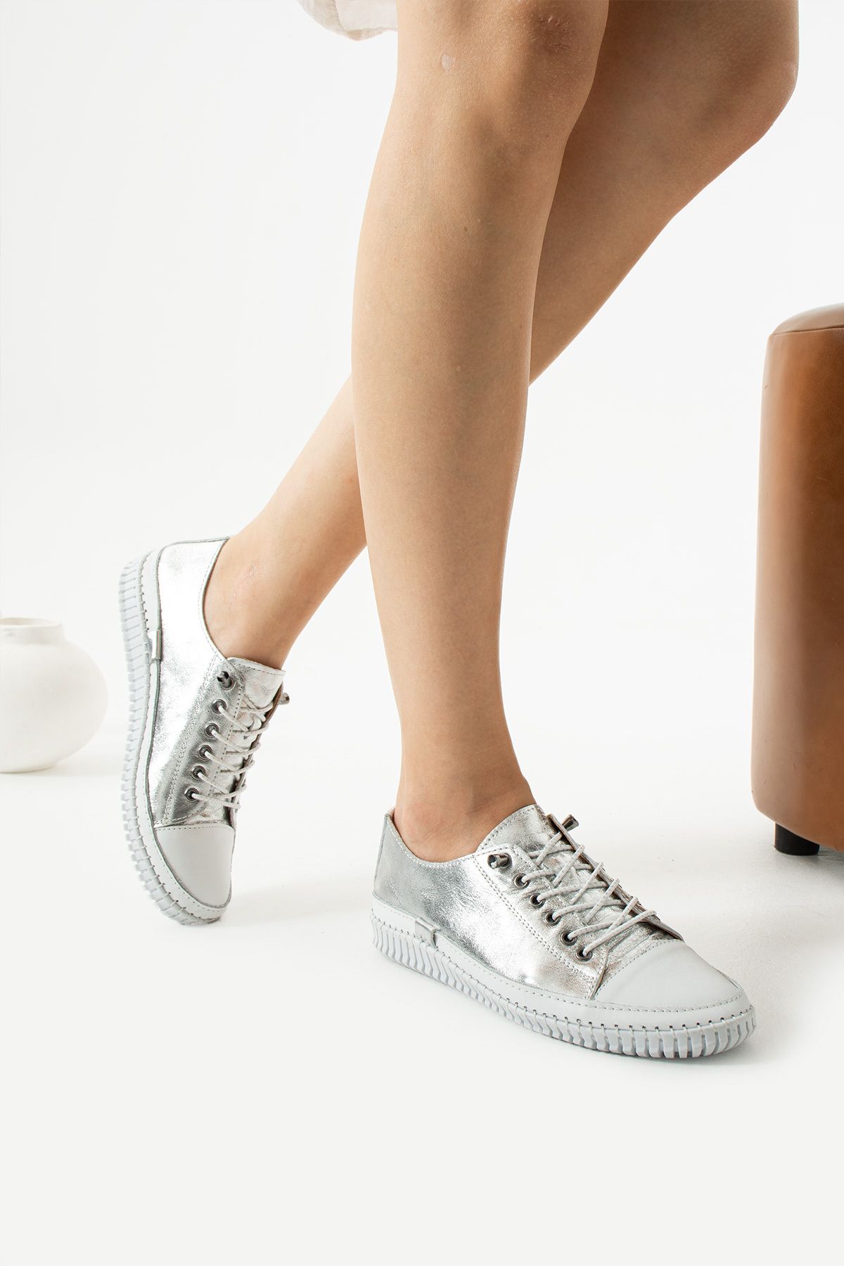 TubiBella Gümüş Renkli Bağcıklı Kadın Günlük Sneaker