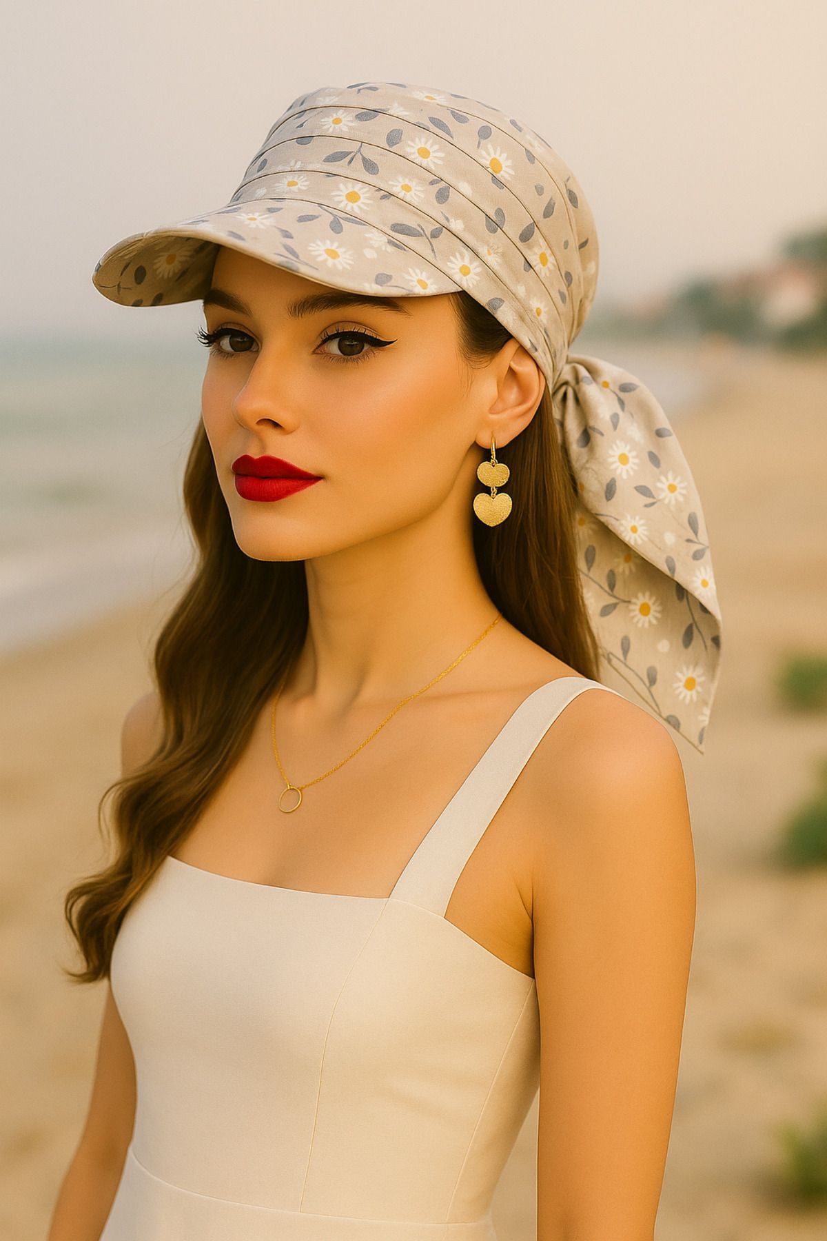 MYZİ STORE Kadın Yazlık %100 Pamuk Desenli Safari Bağlamalı Siperli Bandana Vizör Güneş Koruyucu ve Şık Tasarım