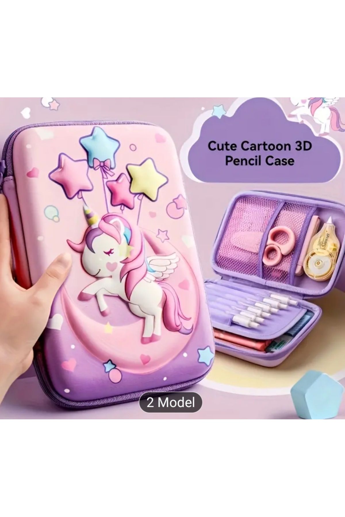 wellwich 3D Sevimli Karikatür Su Geçirmez Kalem Kutusu Unicorn Çok Yıldızlı