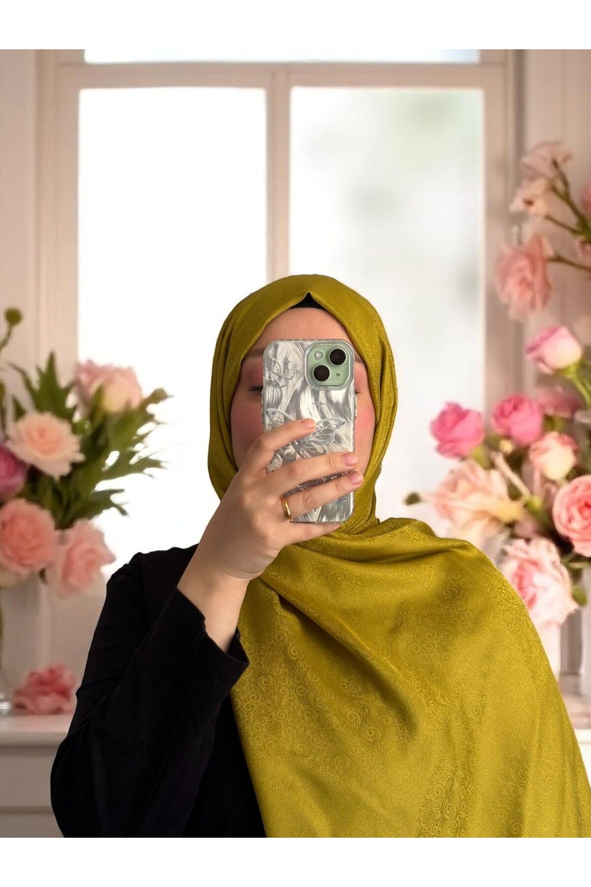 Lavena scarfs Papatya Serisi Çiçekli Desen Jakar Şal - Olive