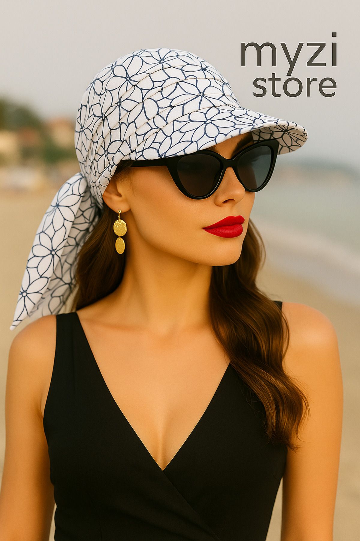 MYZİ STORE Kadın Yazlık %100 Pamuk Desenli Safari Bağlamalı Siperli Bandana Vizör Güneş Koruyucu ve Şık Tasarım