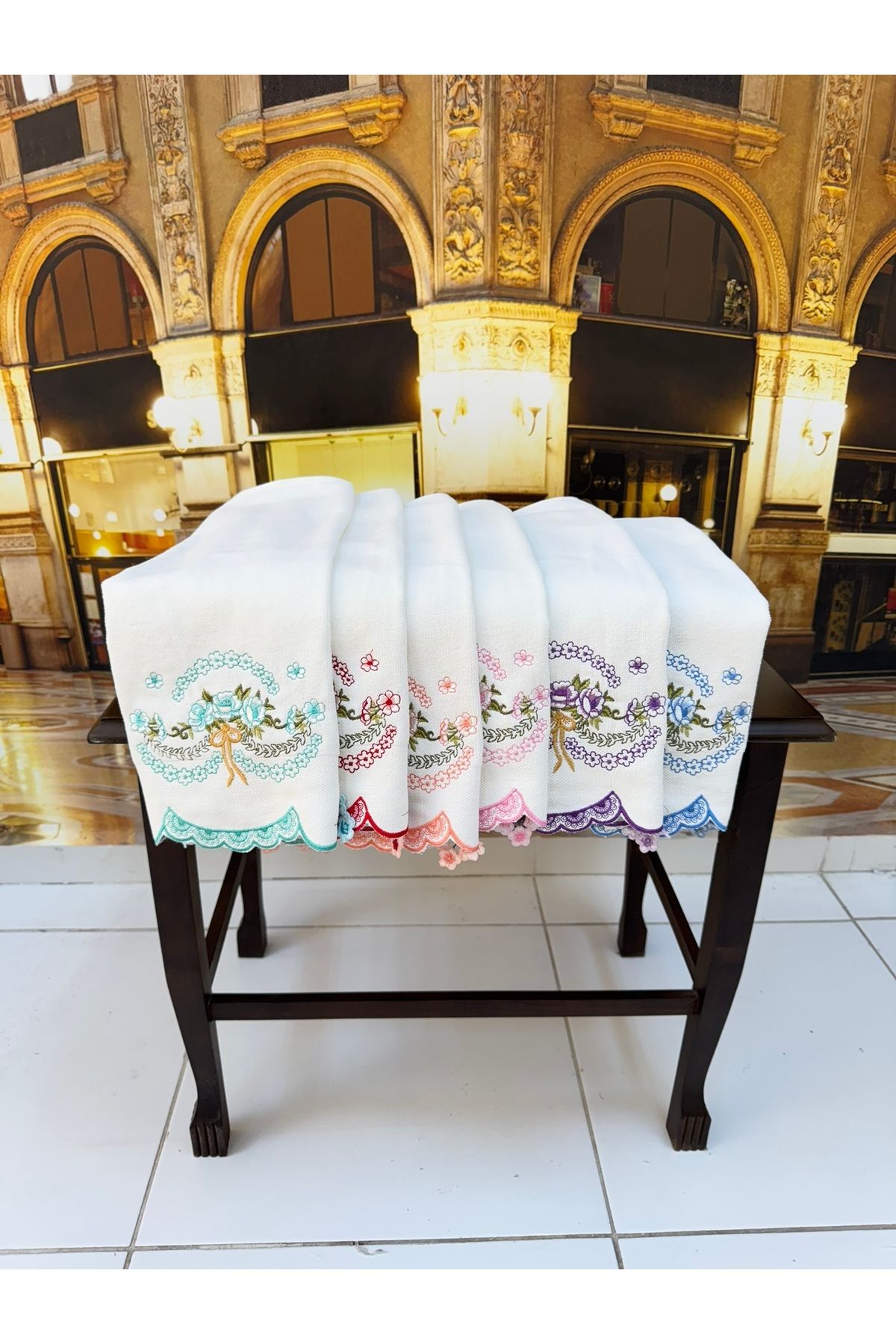 Artiva Home Collection 6'lı Kesme Nakışlı Ucu Güpürlü Kadife 30x50 Mutfak/Çeyizlik/El Yüz Havlu Seti