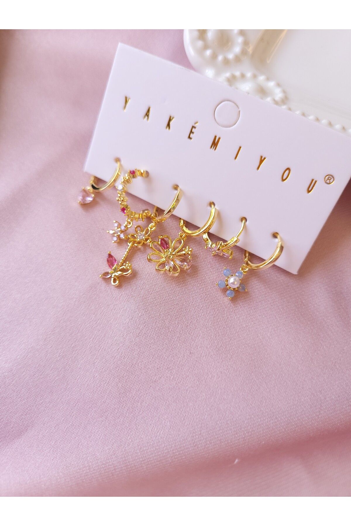 Jewerly Pink Gold Flower Set 6'lı VIP Altın Kaplama Paslanmaz Küpe Seti