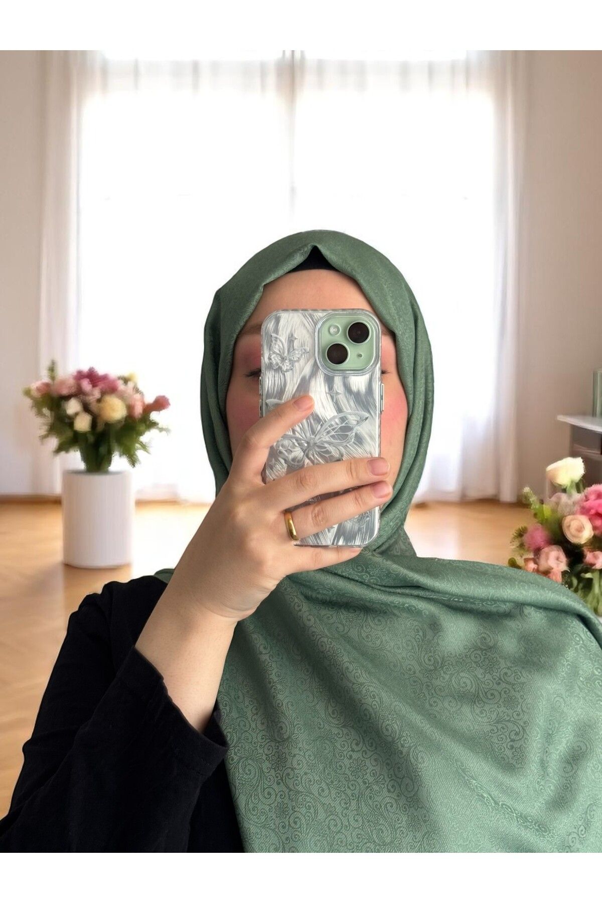 Lavena scarfs Papatya Serisi Çiçekli Desen Jakar Şal - Koyu Mint Yeşili
