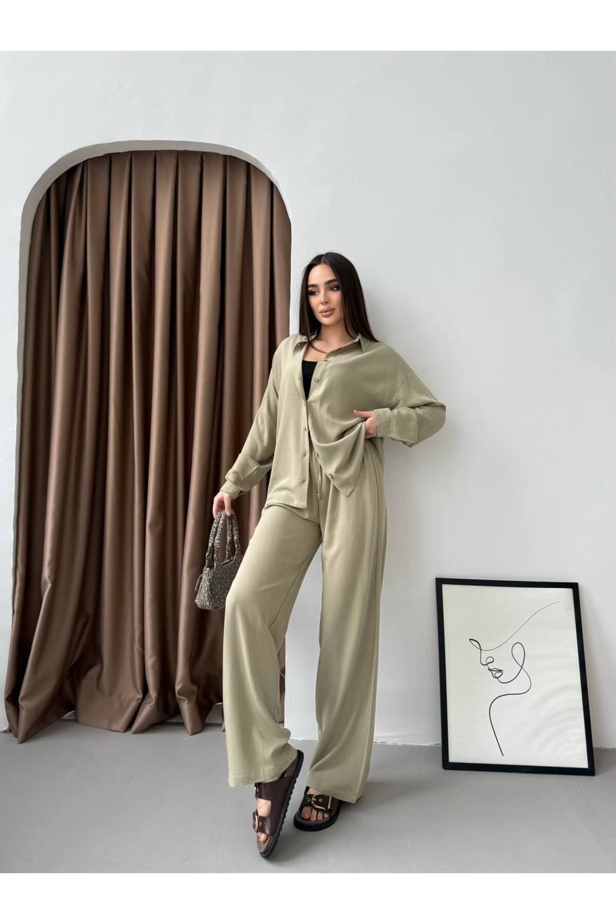 moda paketi Keten 2'li Pantolonlu Takım