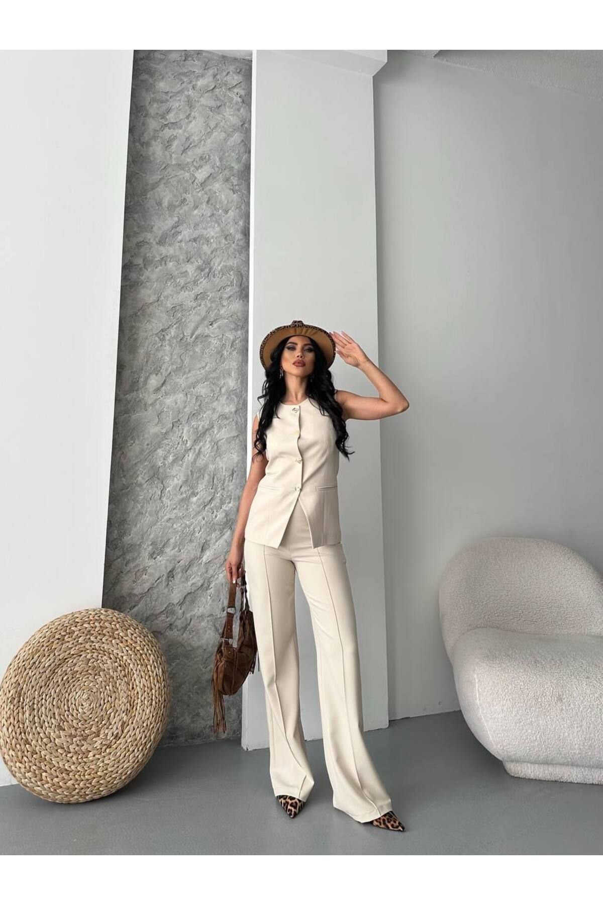 MVK GİYİM Düğmeli Blazer Yelekli Pantolon Takım