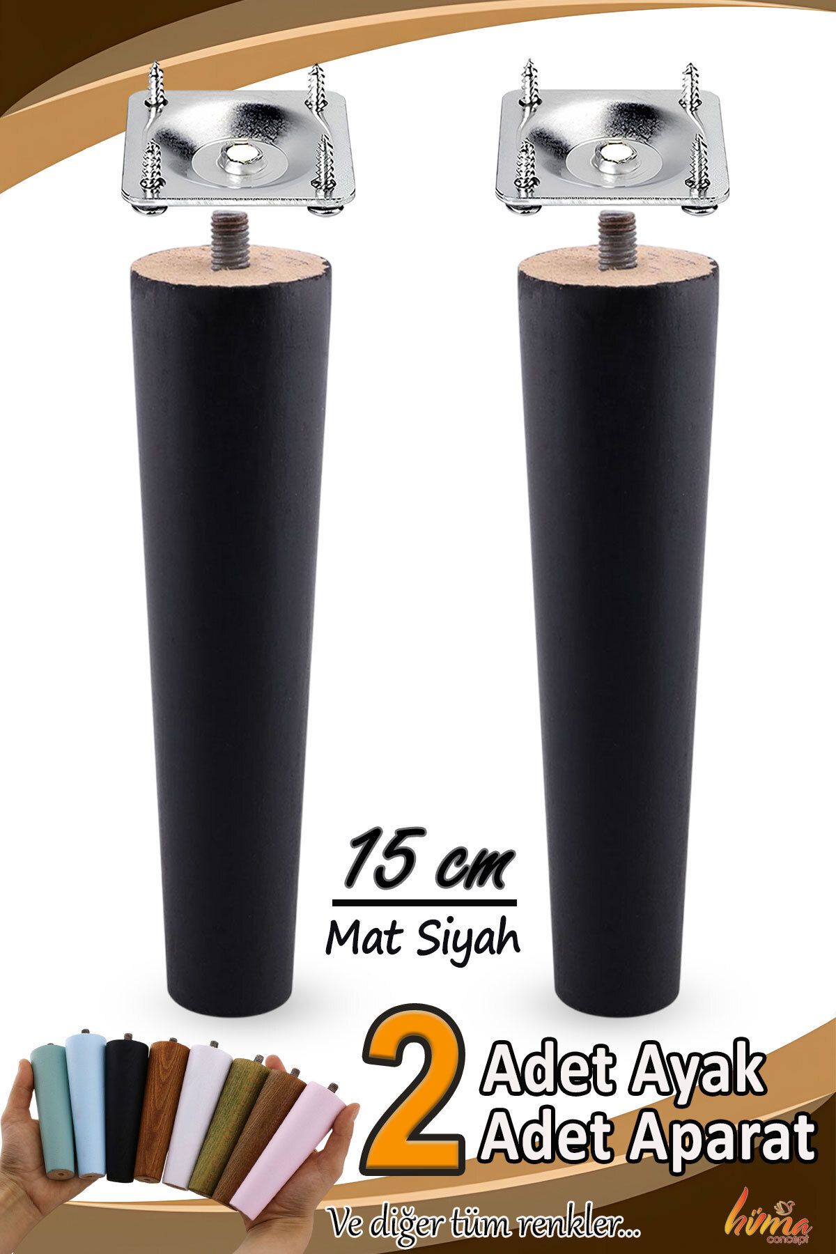 Mikasso 2 Adet Ahşap Ayak 15 Cm Siyah M8 Civatalı Bağlantı Aparatlı Dolap Mobilya Koltuk Kanepe Destek Ayağı