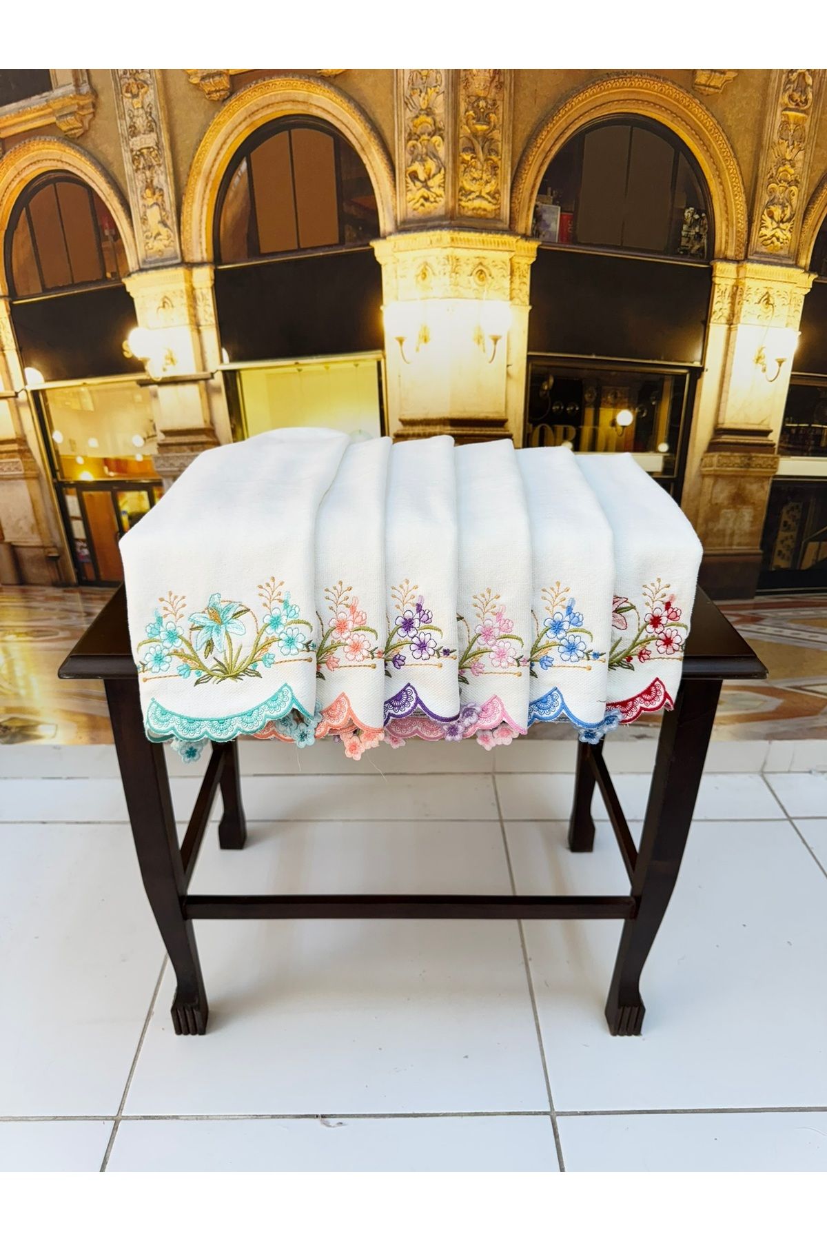 Artiva Home Collection 6'lı Kesme Nakışlı Ucu Güpürlü Kadife 30x50 Mutfak/Çeyizlik/El Yüz Havlu Seti