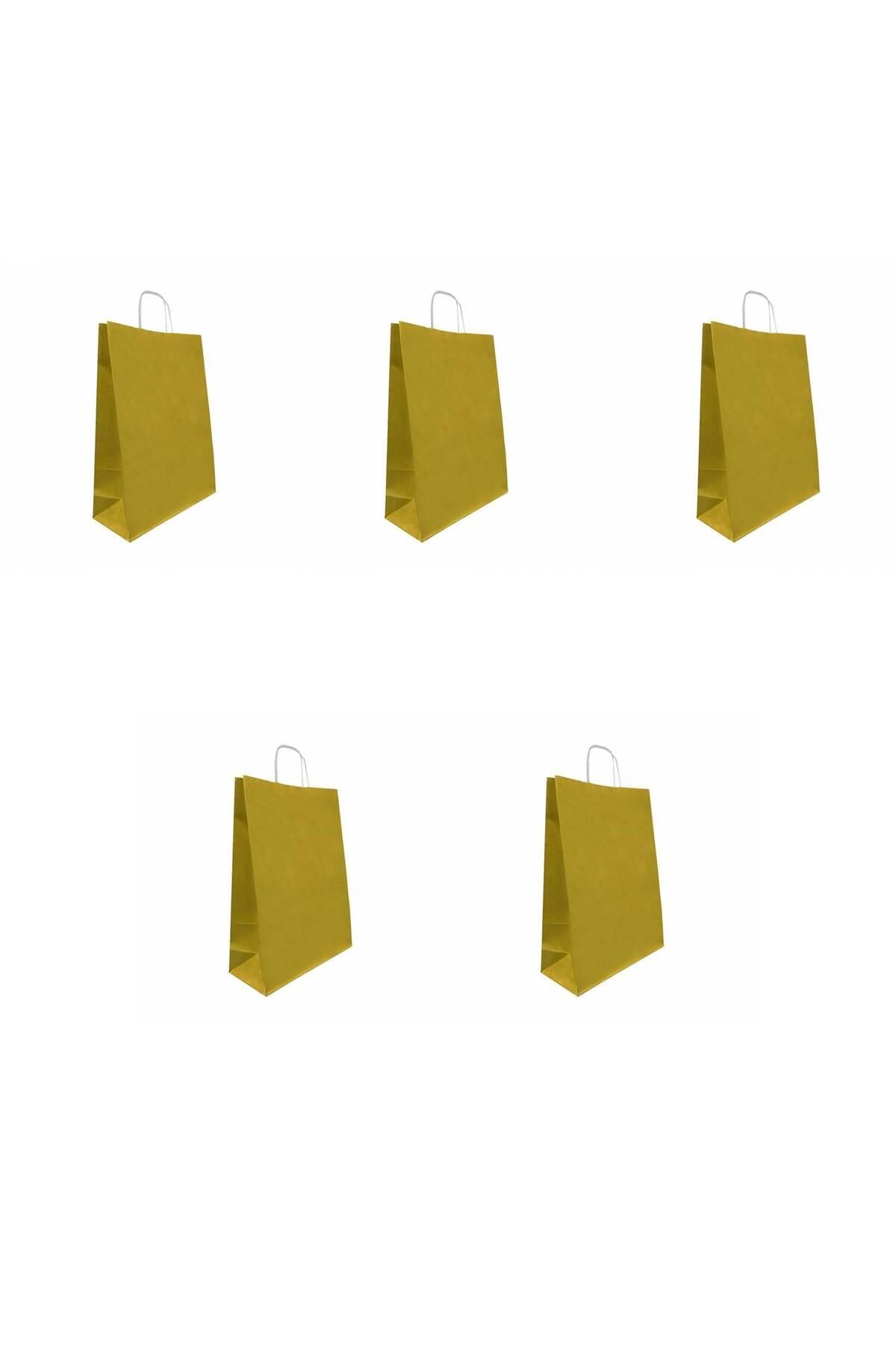 Mikasso Büküm Saplı Kraft Kağıt Karton Hediyelik Çanta Poşet Torba - Altın - 25x31 Cm. - 5 Adetlik 1 Paket A