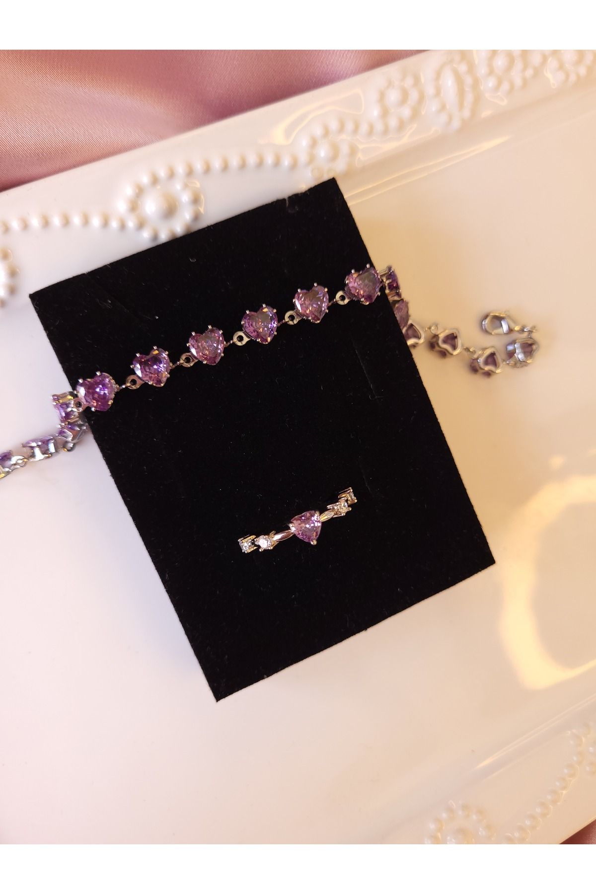 Jewerly Velvet Heart Duo Mor Taşlı Kalpli Yüzük ve Bileklik Seti