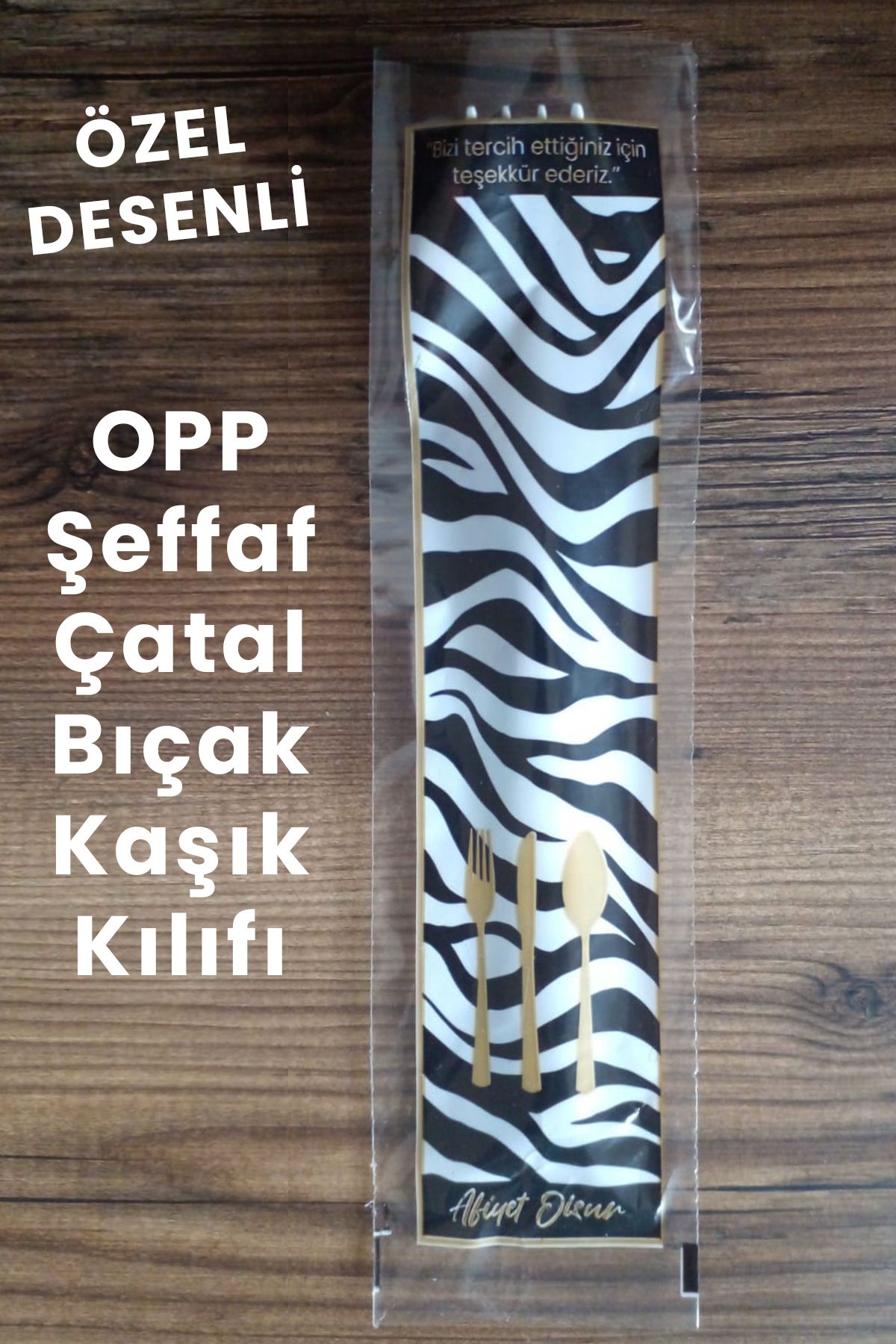 Mikasso OPP Şeffaf Çatal Kaşık Bıçak Kılıfı 100 Adet - 6,7cm X 25cm (Zebra DESENLİ) Tek Kullanımlık Siyah Be